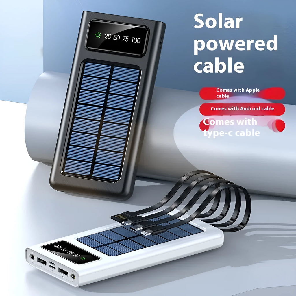Black and white solar power bank with 20000mAh capacity and four-wire cable for mobile phones