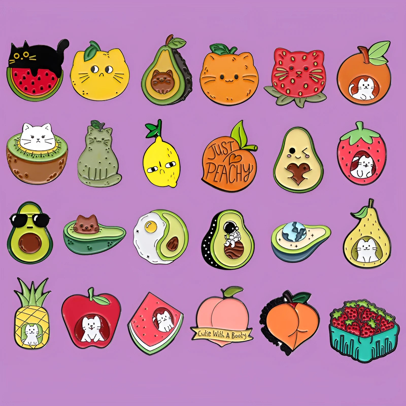 Colourful cartoon fruit design zinc alloy brooch pin on a fabric background.