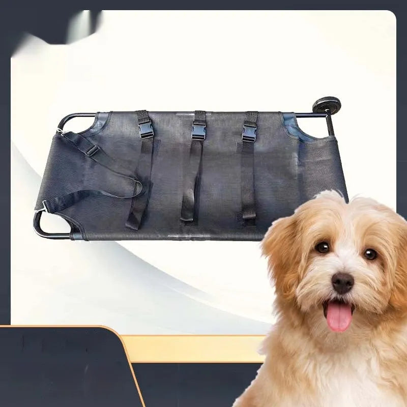 Large black aluminium alloy folding stretcher for emergency transport of dogs