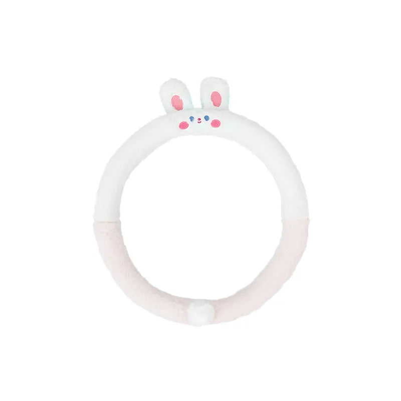 Plush winter car steering wheel cover with embroidered cartoon panda design for 38cm steering wheels.