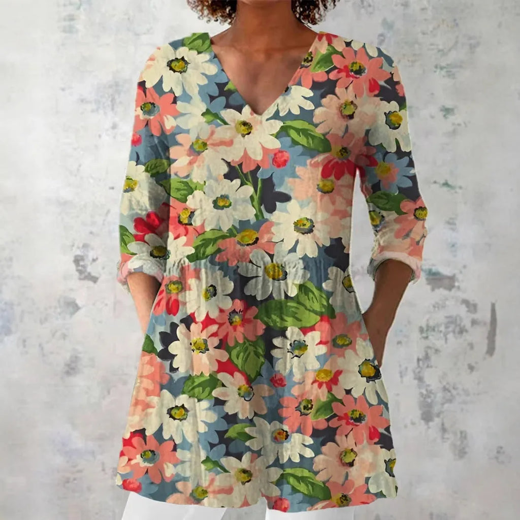 Women's slim fit retro style printed long-sleeved polyester top in multiple colour options