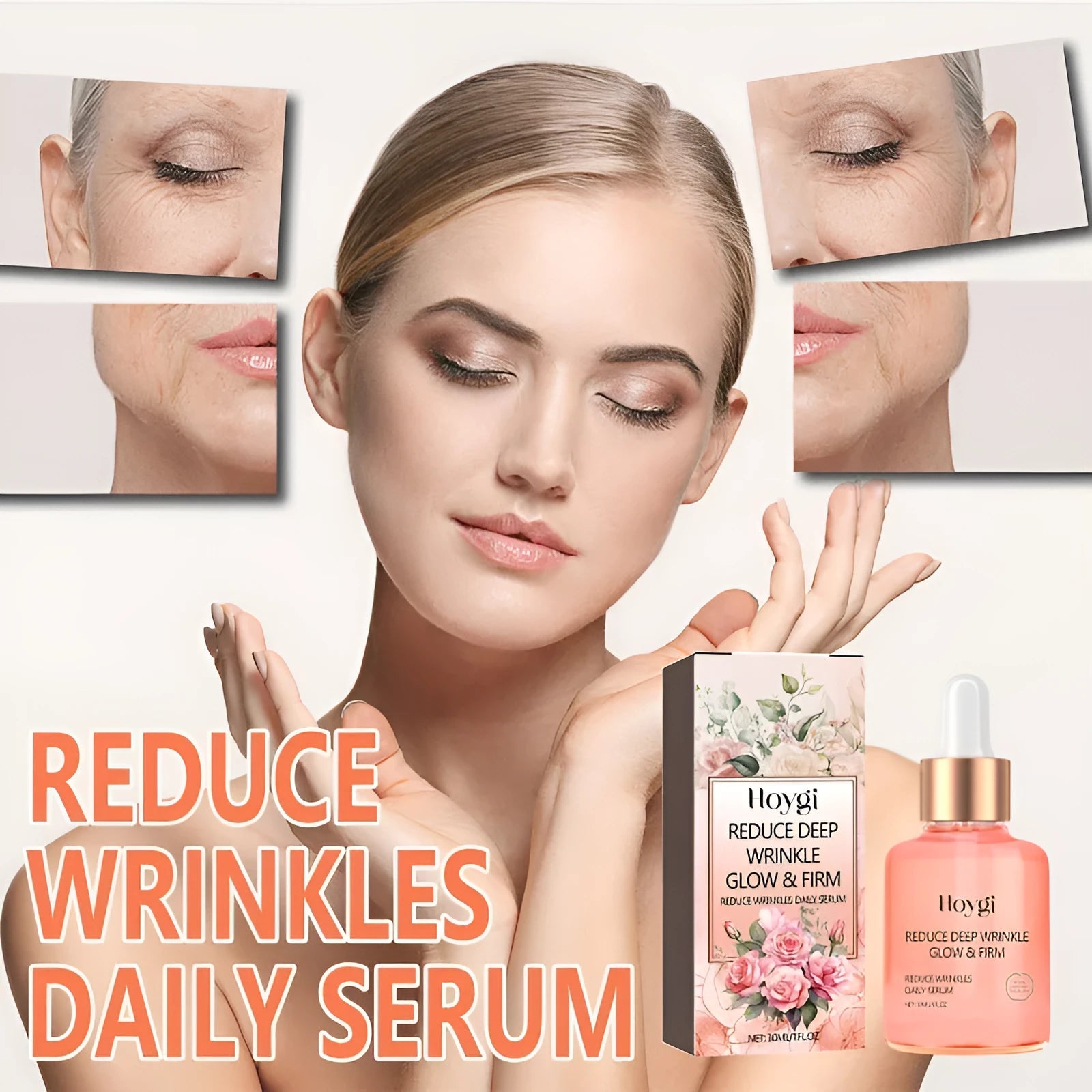 30ml glass bottle of rose essential oil serum with a dropper for facial skincare.