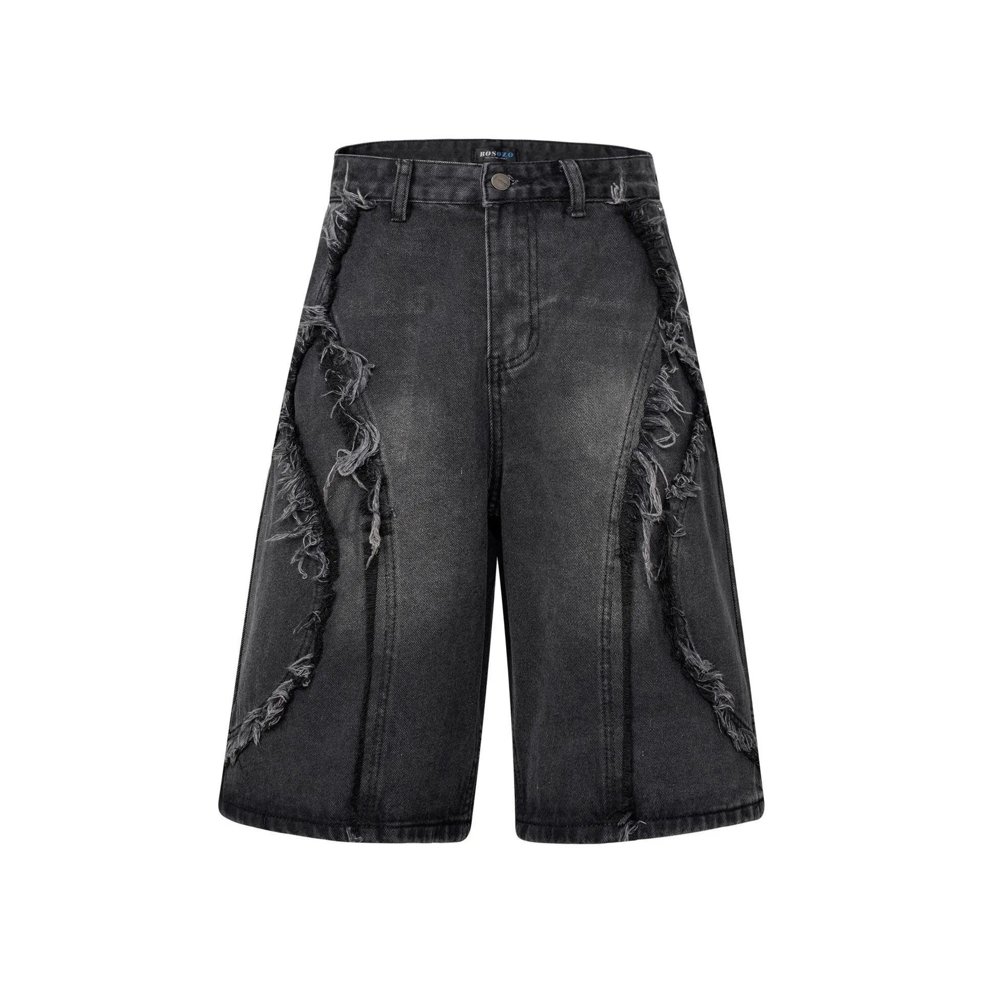Distressed raw edge denim shorts in a straight leg cropped cut, shown in light blue colour.