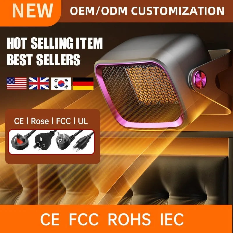 Compact white desktop ceramic heater with rotatable design and push-button controls.