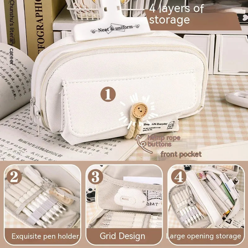 Korean-style canvas pencil case in green, beige, blue or grey holding multiple pens