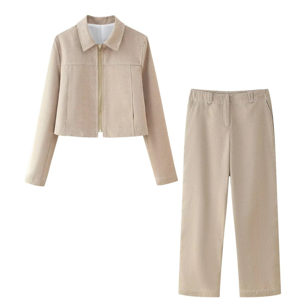 Women's herringbone patterned long sleeve coat and trousers suit set with 3D embroidery detail