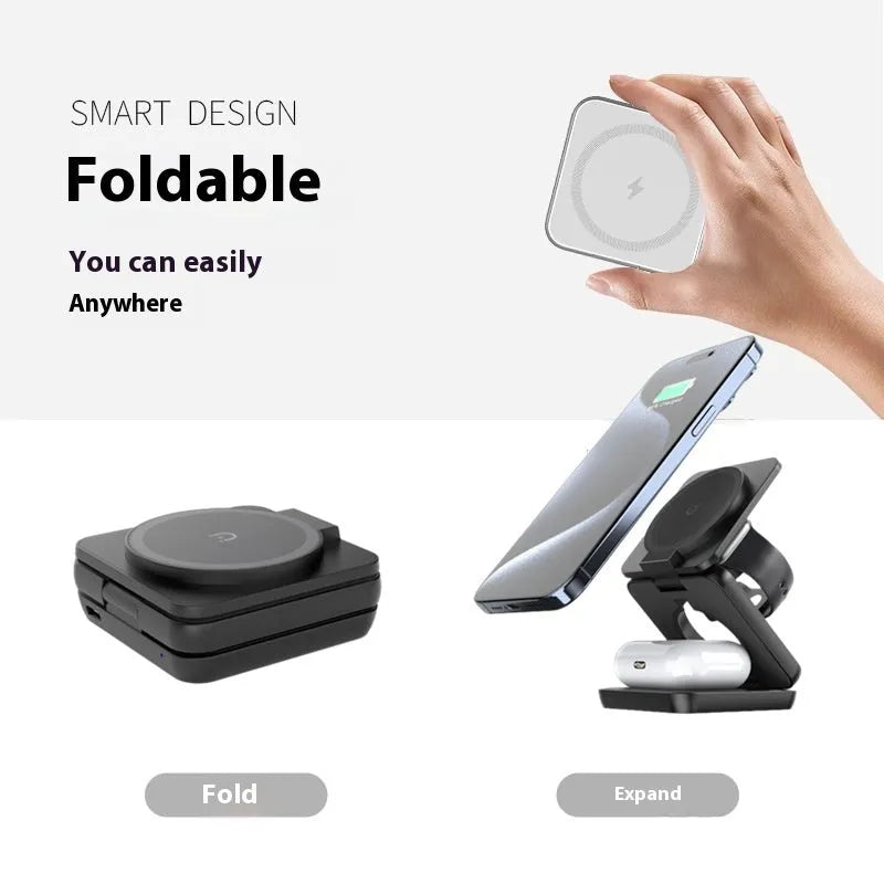 Foldable magnetic wireless phone charger stand in black showing adjustable angles