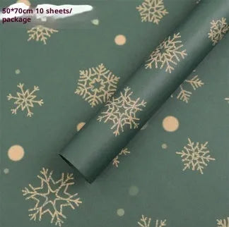Christmas Kraft paper gift wrap sheets with red and green ink printed cartoon designs including polka dots, snowflakes, and Christmas trees