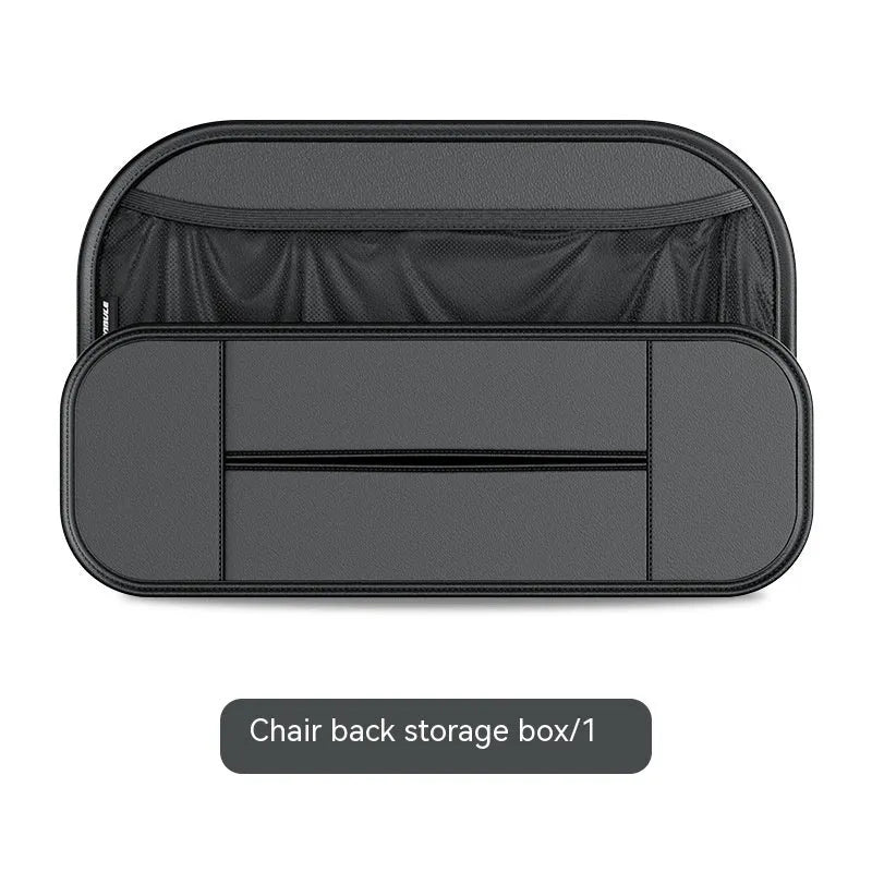 Black leather car seat back storage bag showing dimensions and customisable compartments