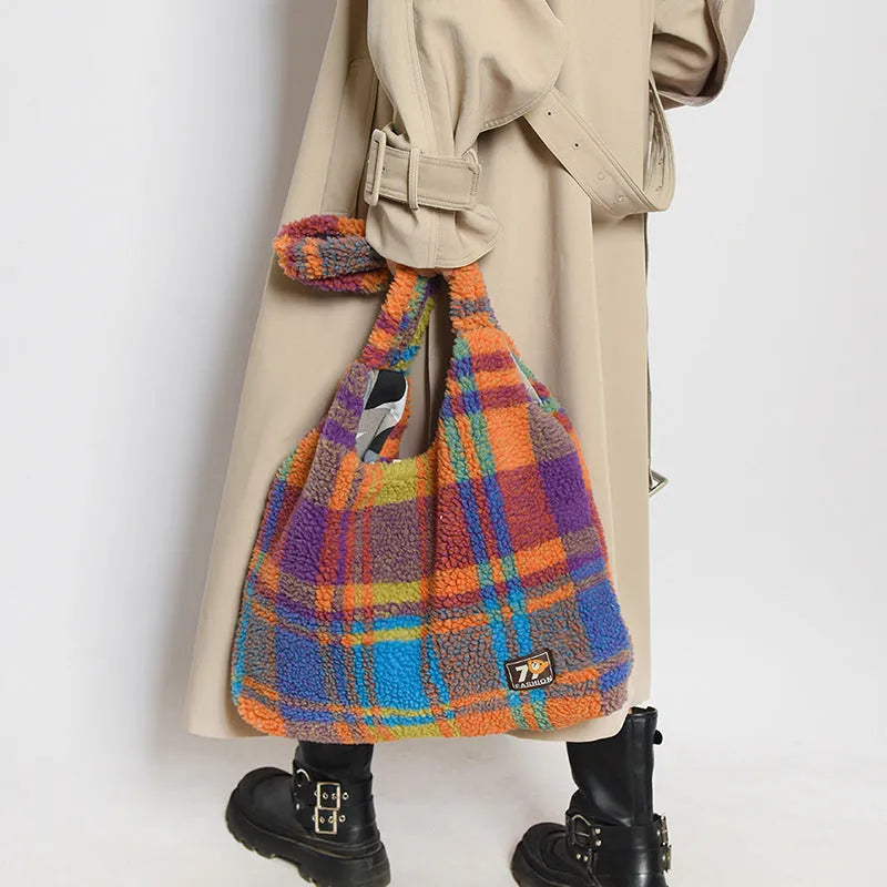 Women's plaid crossbody tote bag showing orange, purple, and army green options with large capacity design