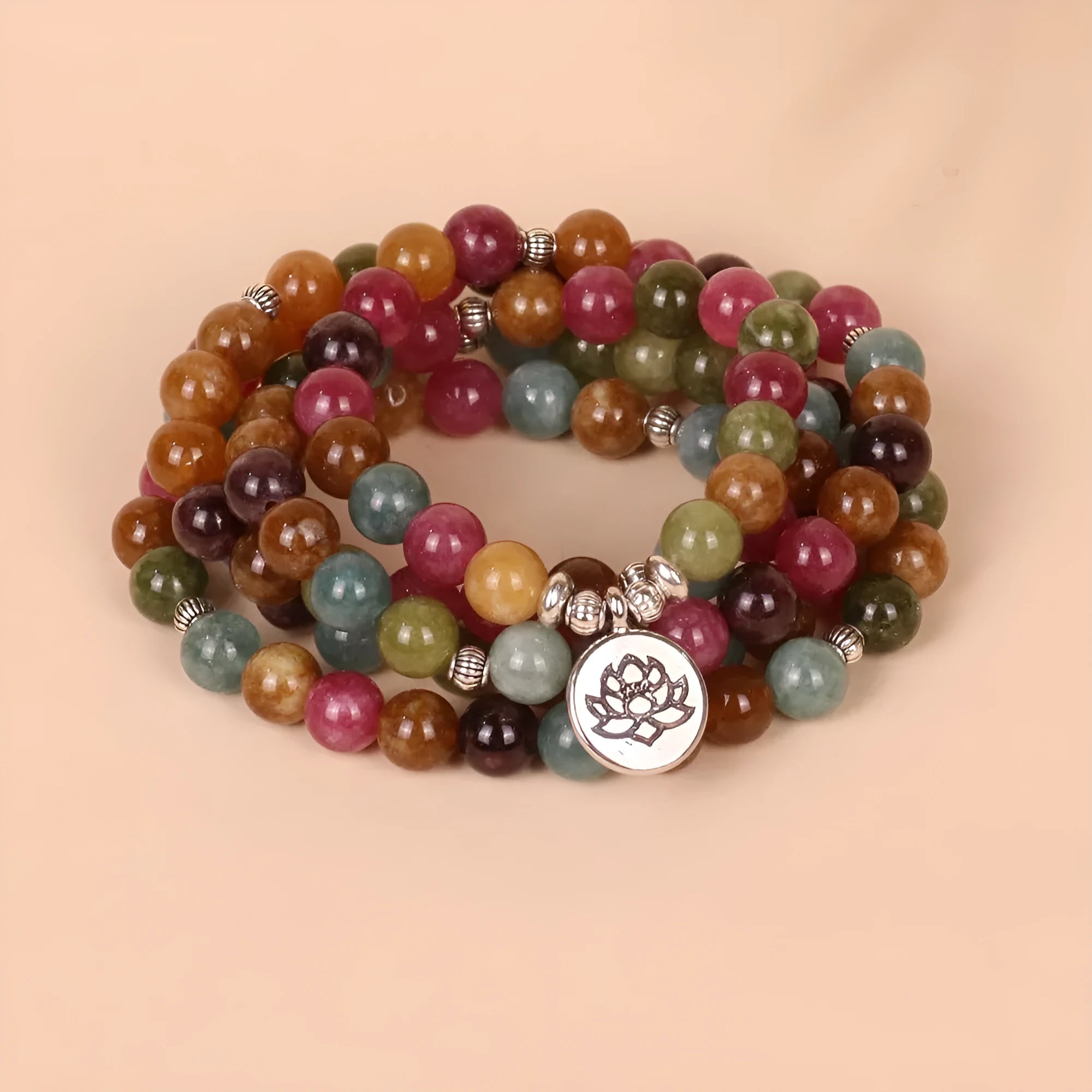 Tourmaline-coloured alloy bracelet with 108 beads and a hanging lotus charm