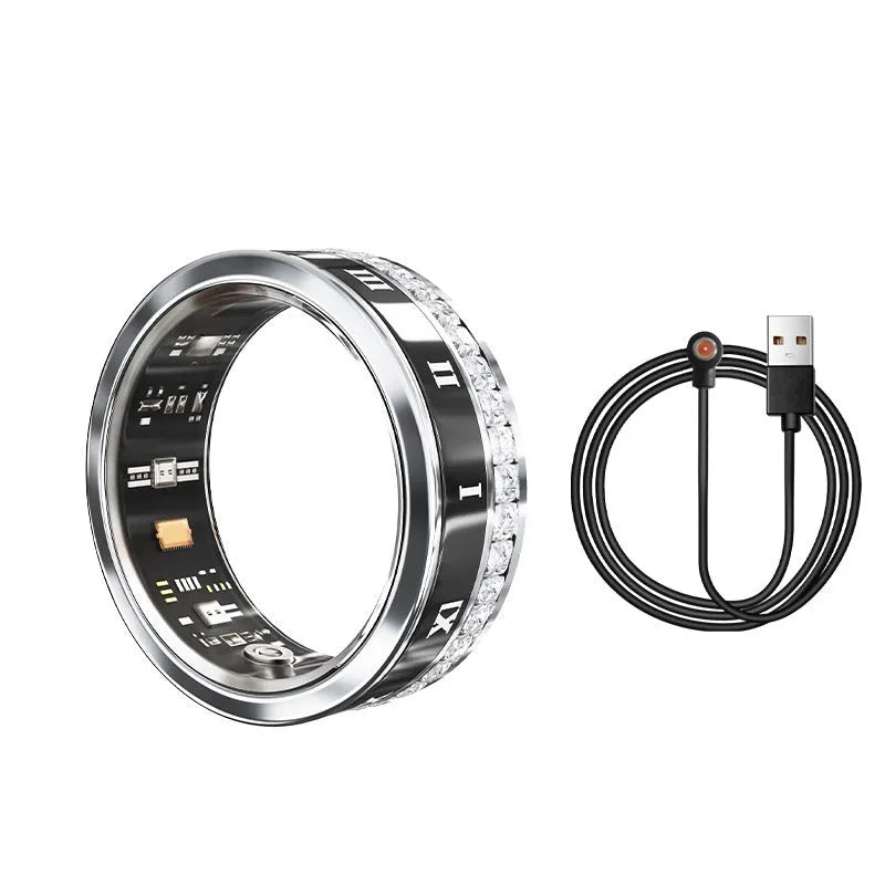 Silver and gold smart ring with diamond inlay and blood oxygen monitoring sensors.