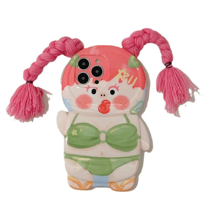Pink and green silicone iPhone case with a cartoon girl in a swimsuit and braid design.
