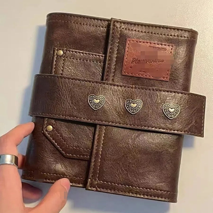 Brown retro leather buckle notebook with A7 size and loose-leaf binding