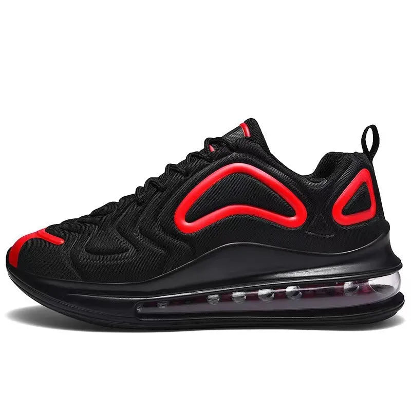 Men's black lace-up air cushion running shoes with a thick sole and round toe.