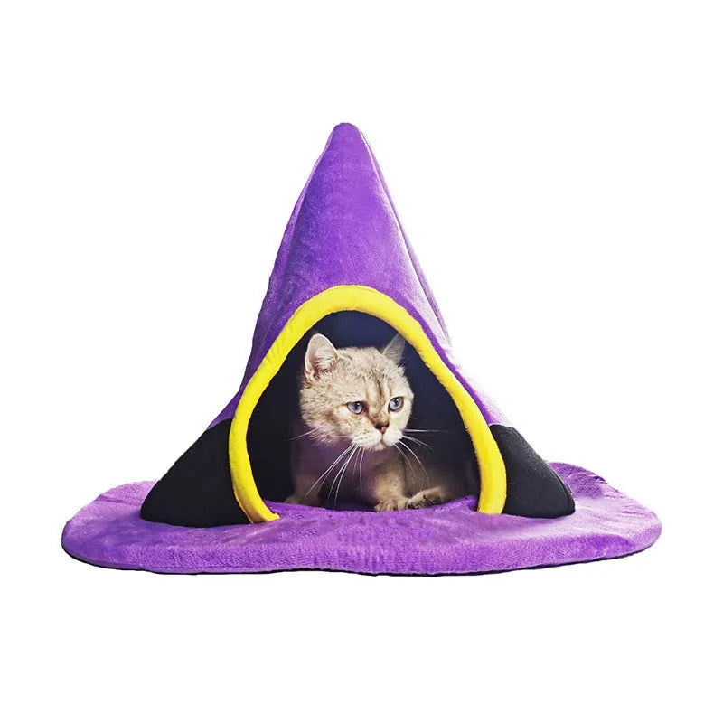 Purple Halloween witch hat shaped cat nest measuring 60x45cm