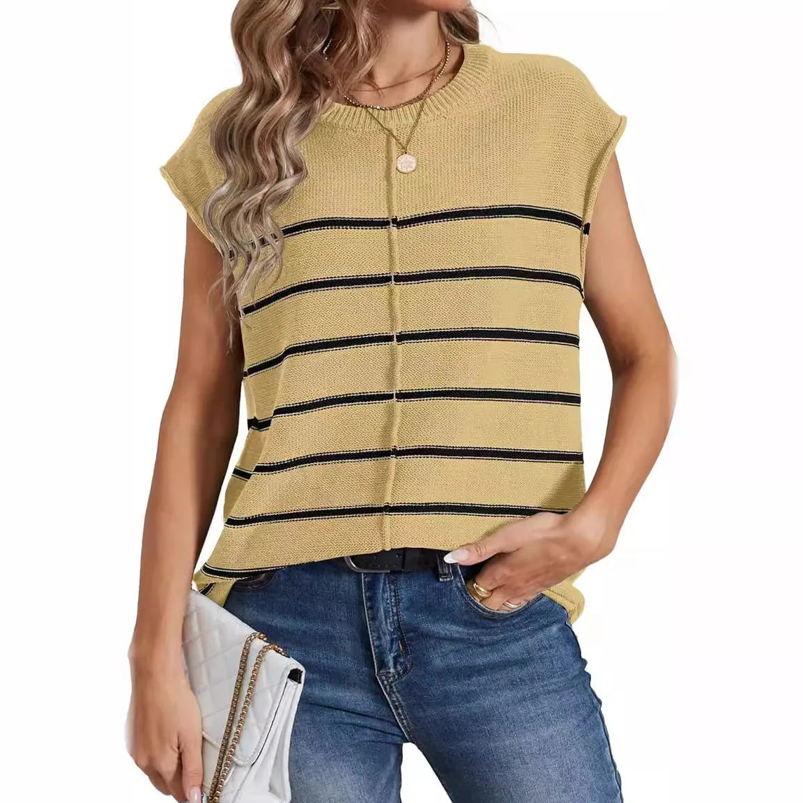 Women's striped sleeveless vest pullover with bone stitching detail in acrylic knit fabric