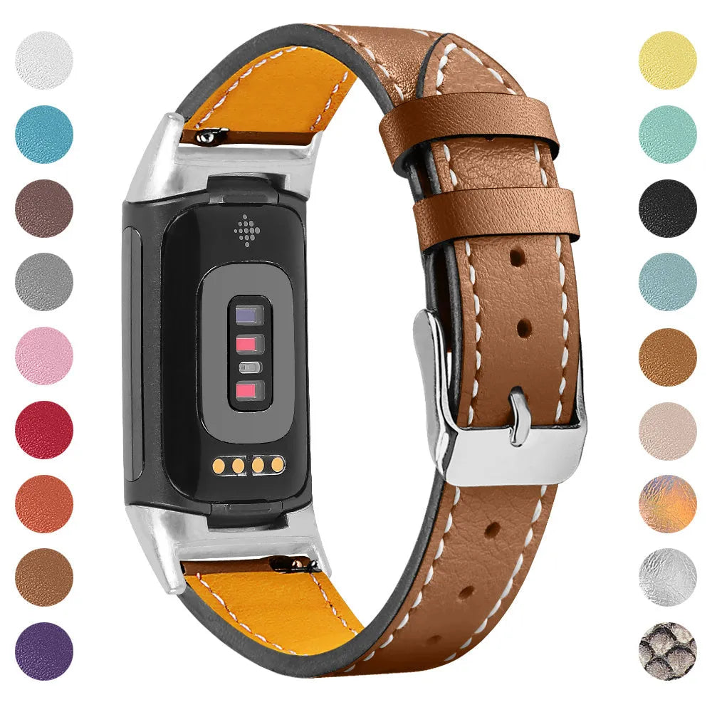 Genuine cowhide leather replacement strap for Fitbit Charge 5 and Charge 6 smartwatch in multiple colours.