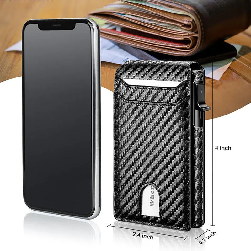 Men's flip wallet card holder in carbon fibre colour with sewing thread details and card clamp