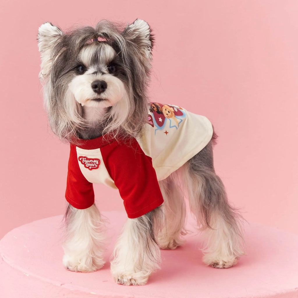 Cotton dog summer clothes in embroidered red or pink with contrast colour detailing