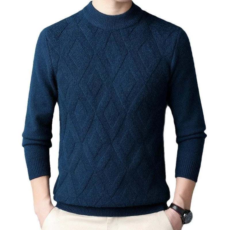 Men's thick grey diamond jacquard wool-blend pullover sweater on a hanger.
