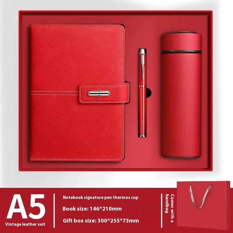 A5 notebook with PU leather cover in various colours including black, red, green, blue, and orange