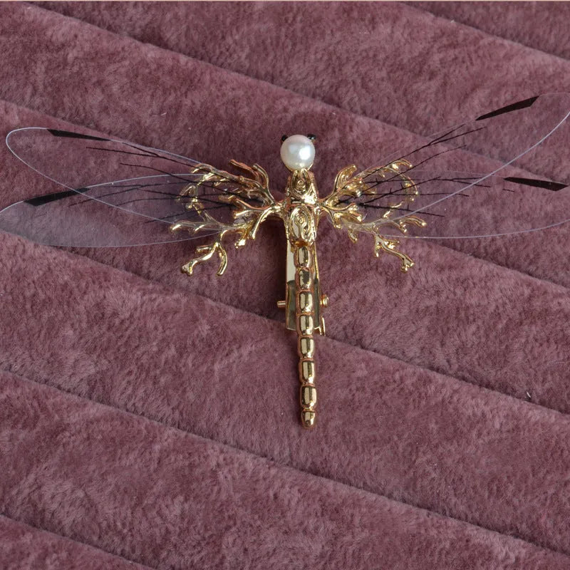 Golden dragonfly-shaped side clip headdress for women's hair with electroplated alloy construction