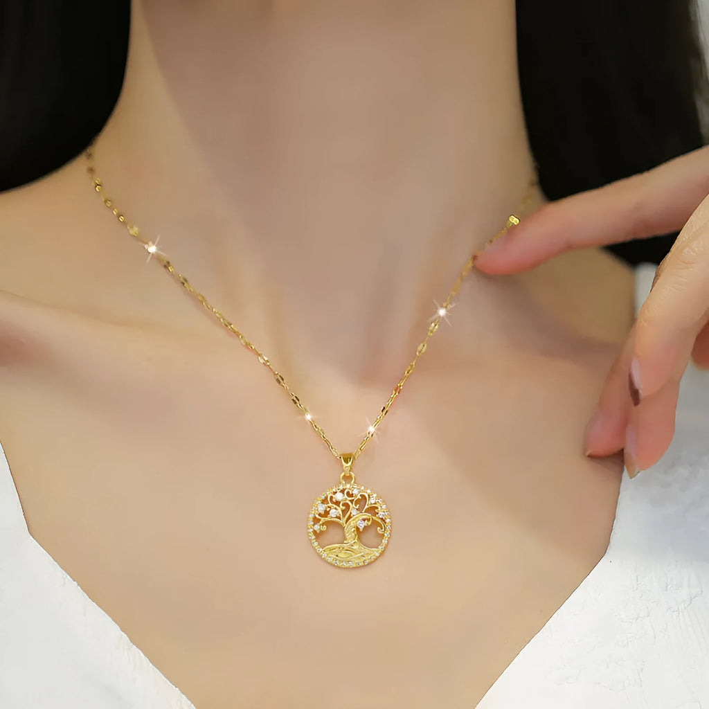 Gold-plated rhinestone lucky tree light necklace with mother-of-pearl detail on adjustable stainless steel chain