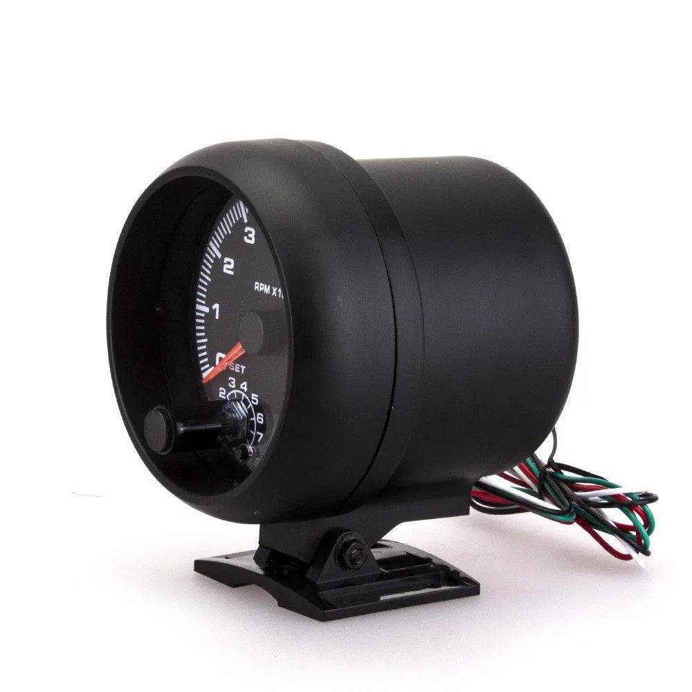 Black automotive tachometer with blue light pointer display for car engine RPM measurement