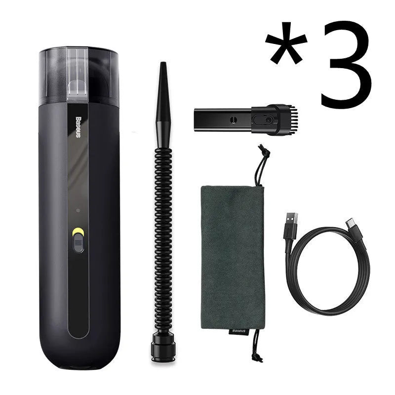 Wireless handheld car vacuum cleaner in black, white, or green with blowing hose attachment.