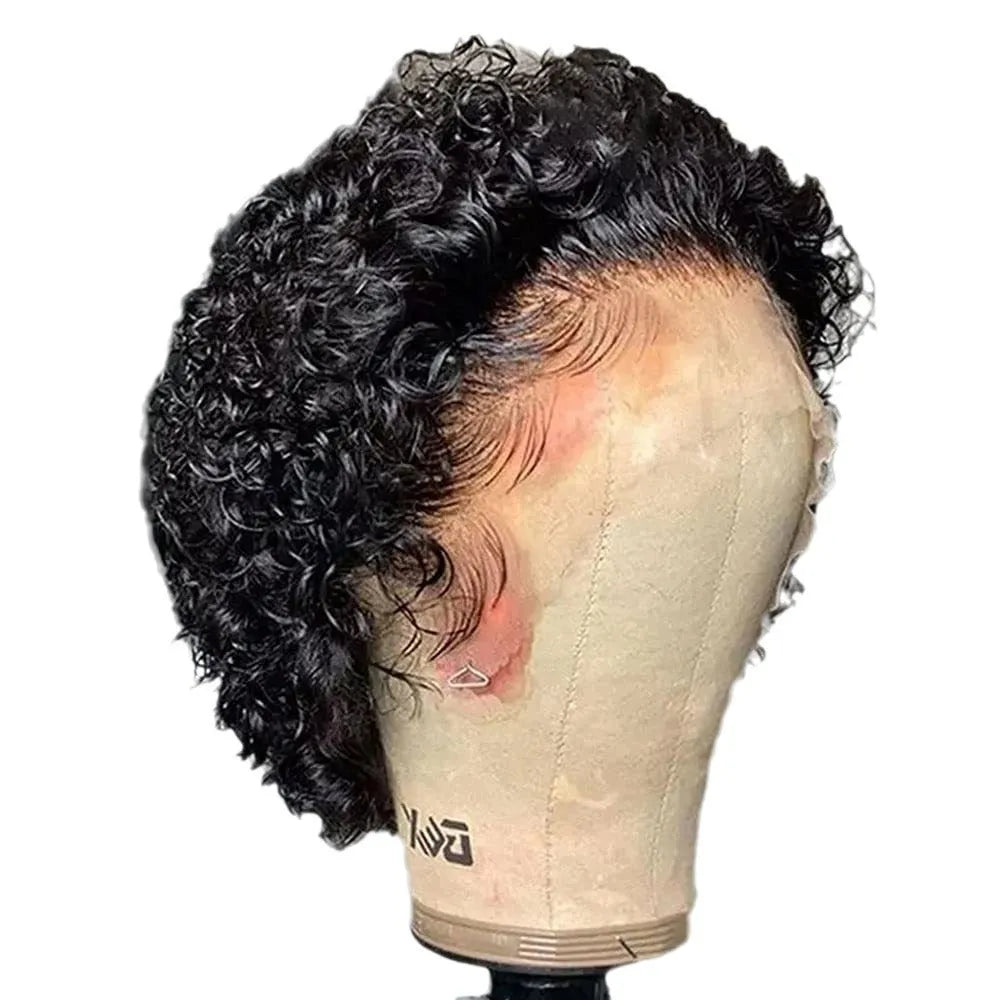 Black human hair wig with lace cover in 13x1 colour, natural pixie cut style
