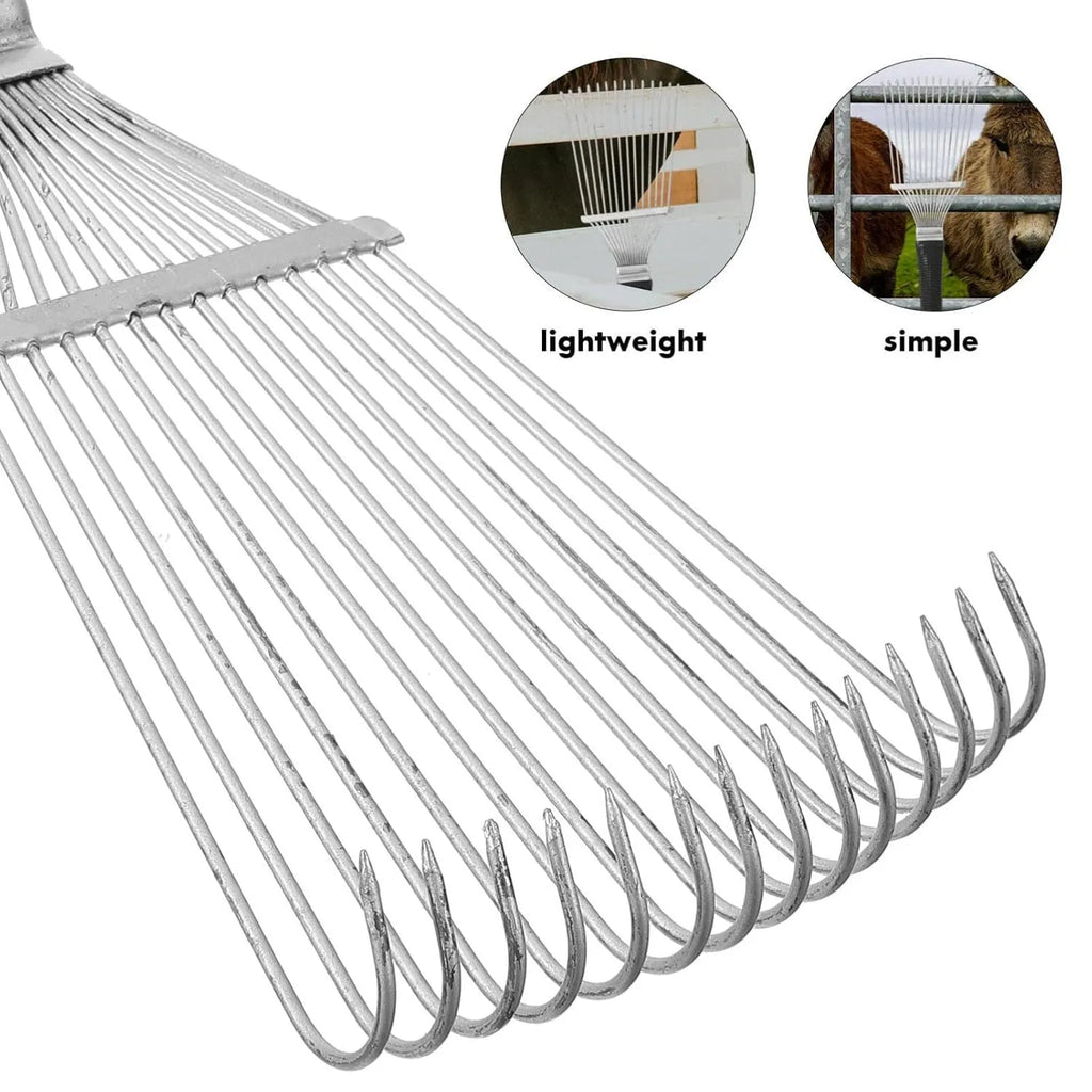 Black stainless steel pet and livestock dematting brush with metal comb teeth, 33cm long.