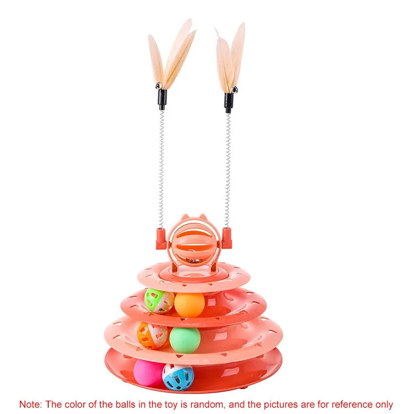 Blue 4-tier interactive cat puzzle toy with balls and teasing rods on a non-slip base.