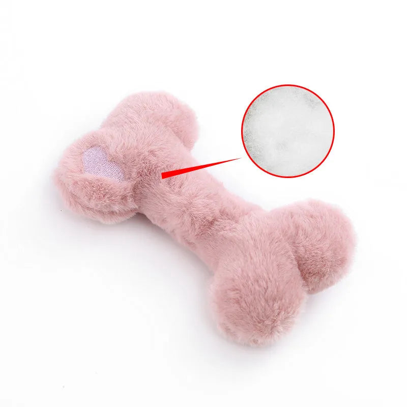 Blue love bone shaped dog plush toy with a squeaker, shown next to pink and yellow colour options.
