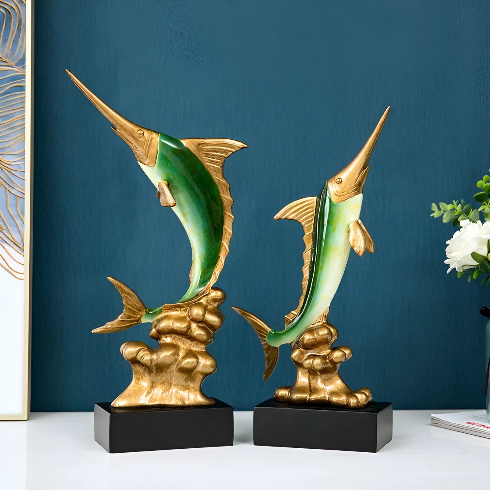 European style decorative swordfish ornament in resin and plastic available in multiple colours.