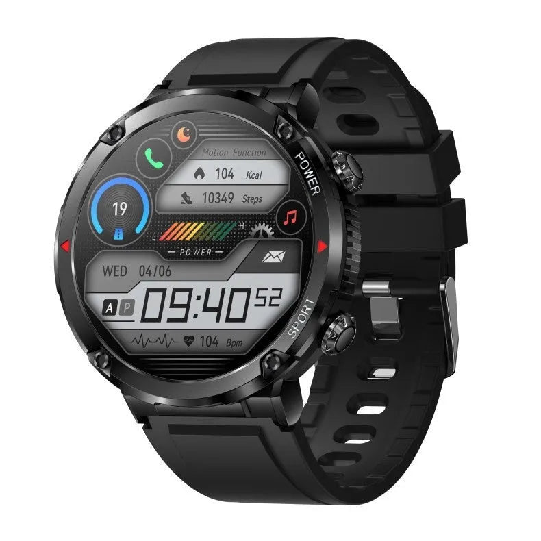 T30 Smart Watch with black dial on a silicone strap showing Bluetooth calling and health metrics on its screen.