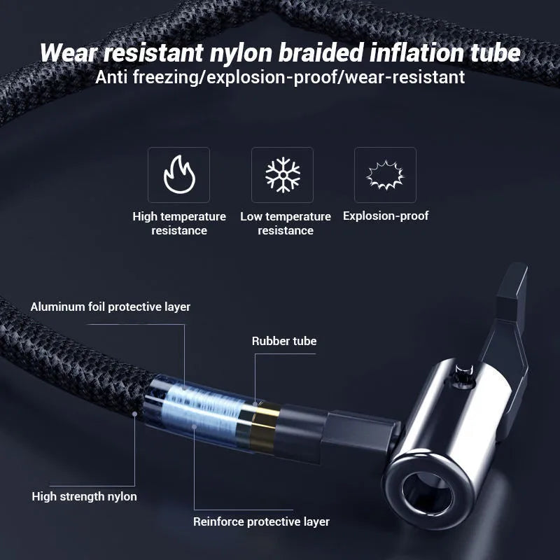 Wireless digital display air pump with LCD screen showing pressure reading, compact black design with inflation hose