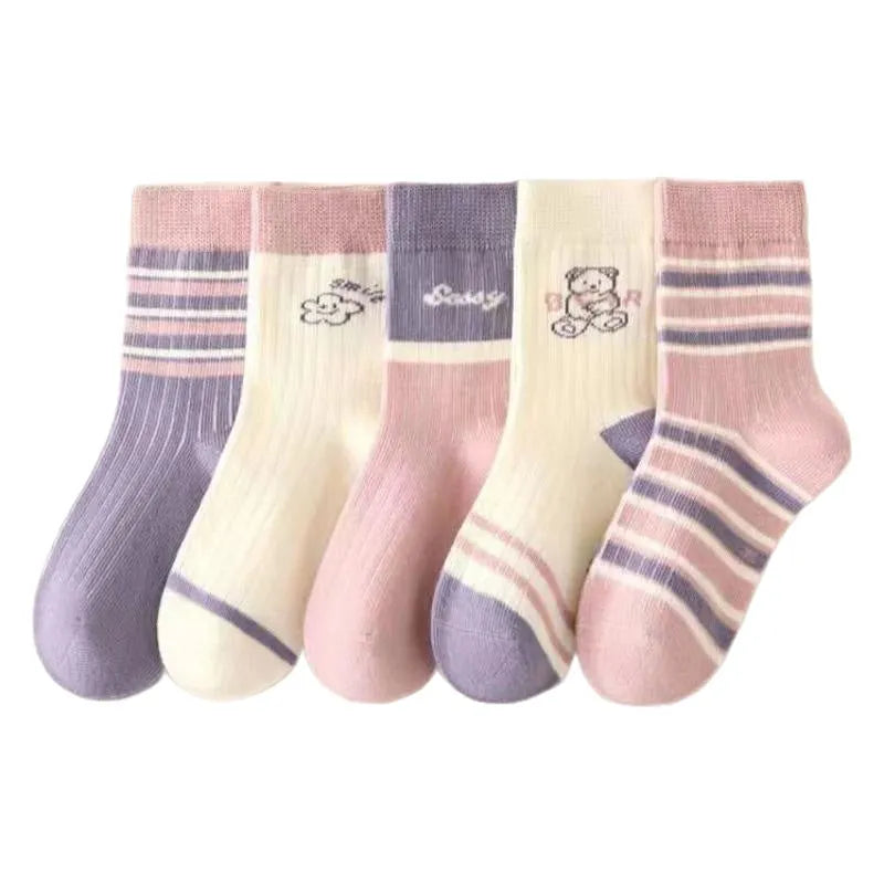 Children's cotton mid-calf socks 5-pair pack, lace detail, with Baby Bear design for girls ages 1-12