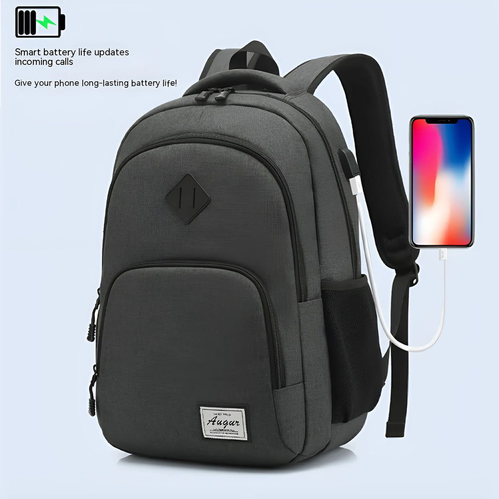 Grey nylon backpack with USB charging port showing dimensions and trolley attachment feature