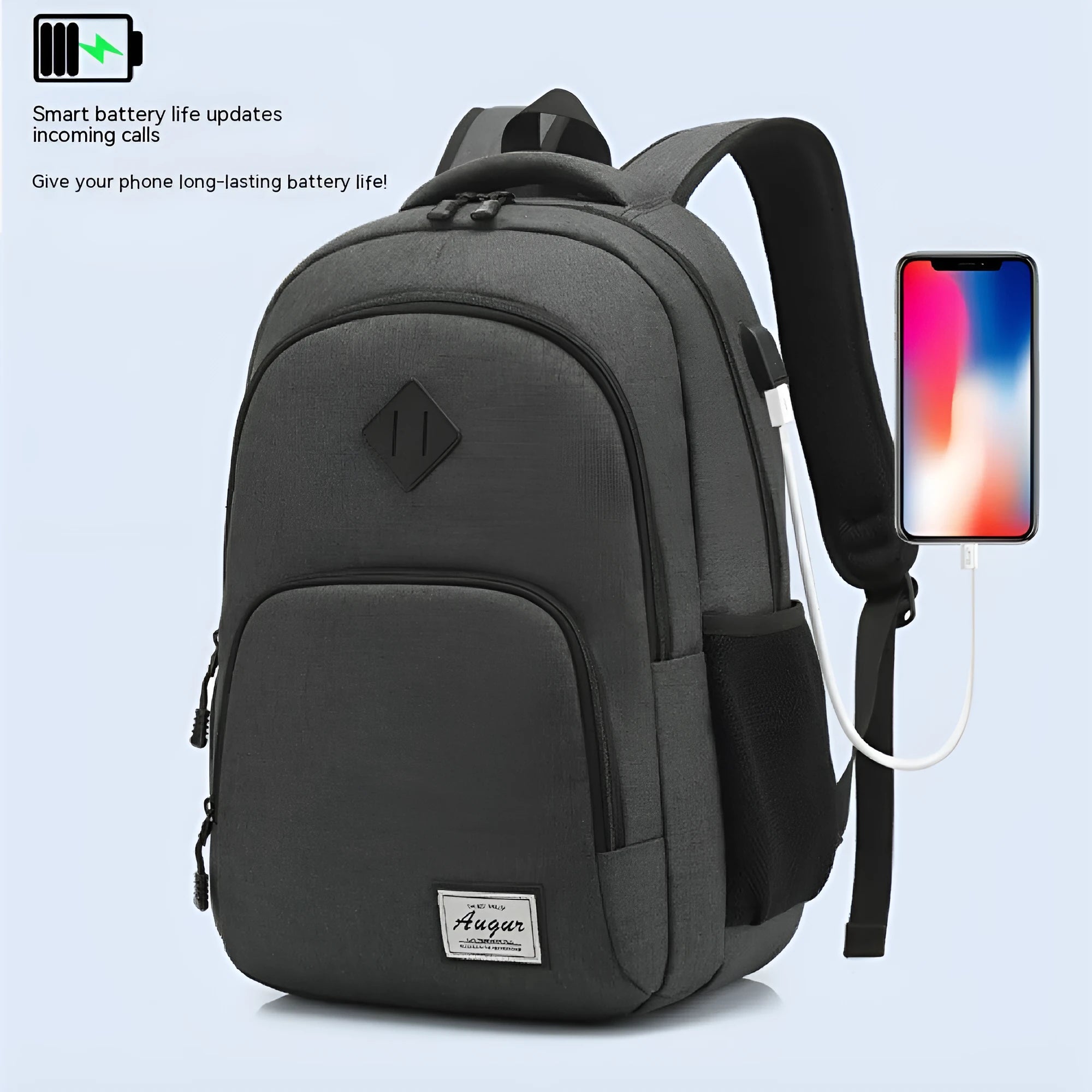 Grey nylon backpack with USB charging port showing dimensions and trolley attachment feature