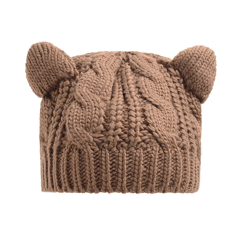 Hand made 3D knitted cat ear winter beanie in wool, shown in multiple colour options