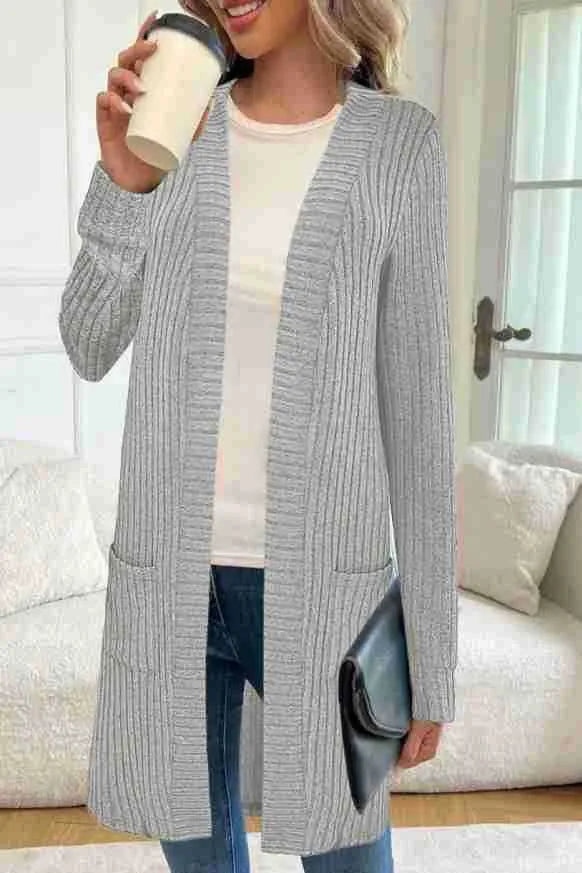 A loose-fitting long sleeve knitted cardigan jacket for plus sizes, shown in black, gray, or wine red.