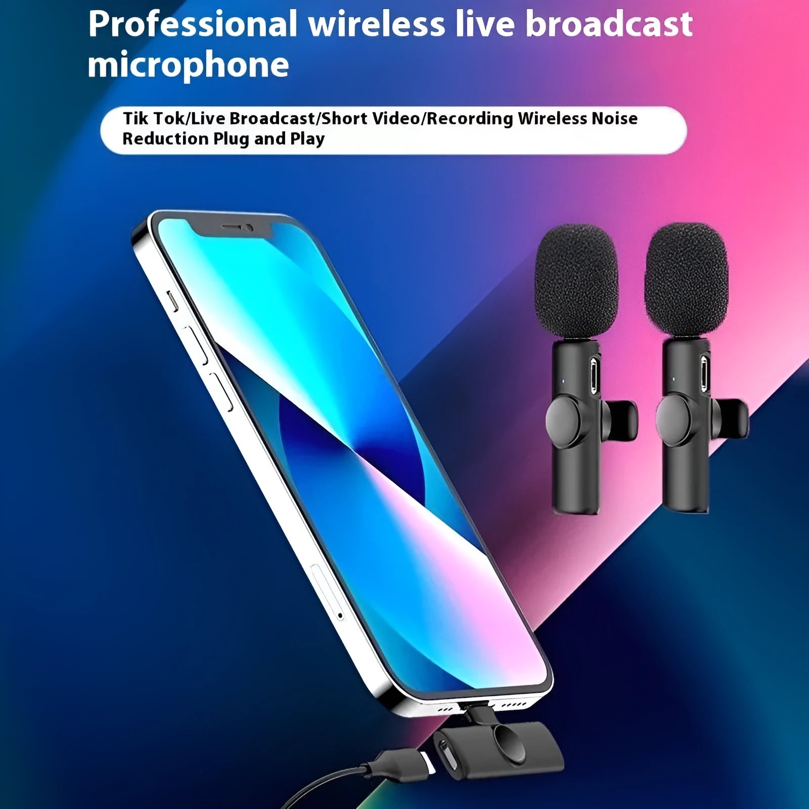Wireless collar clip microphone for smartphones, showing clip design and available connection options.