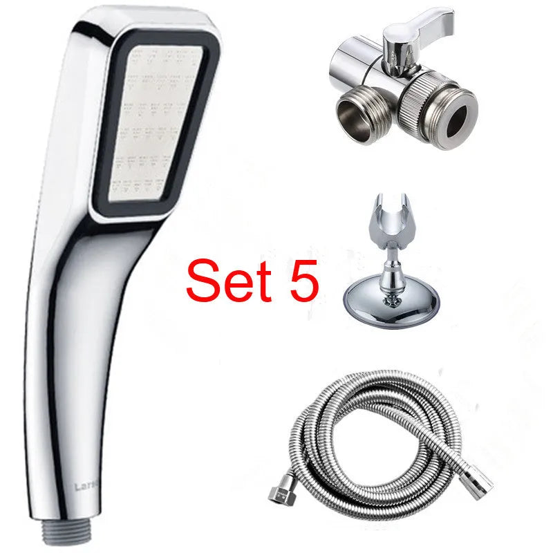 Hand-held pressurised rain shower head in orange and seven set configurations