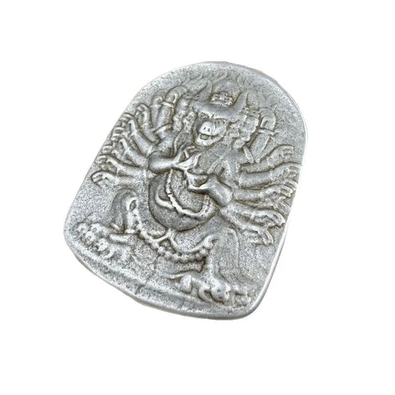 Iron metal pendant with Chinese geometric design depicting Yamantaka Aryaacalanatha deity
