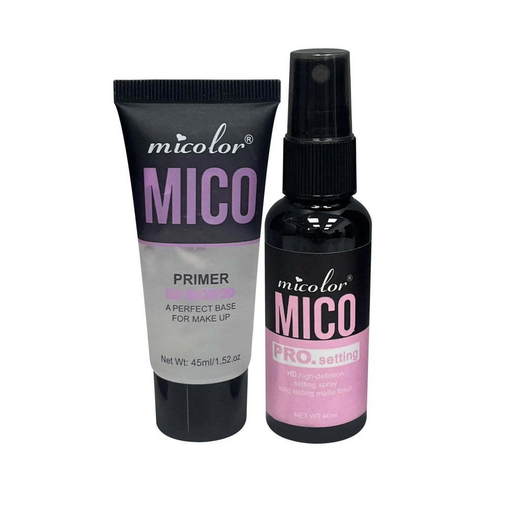 Monochrome packaged set of a 45ml make-up primer and a 40ml finishing spray.