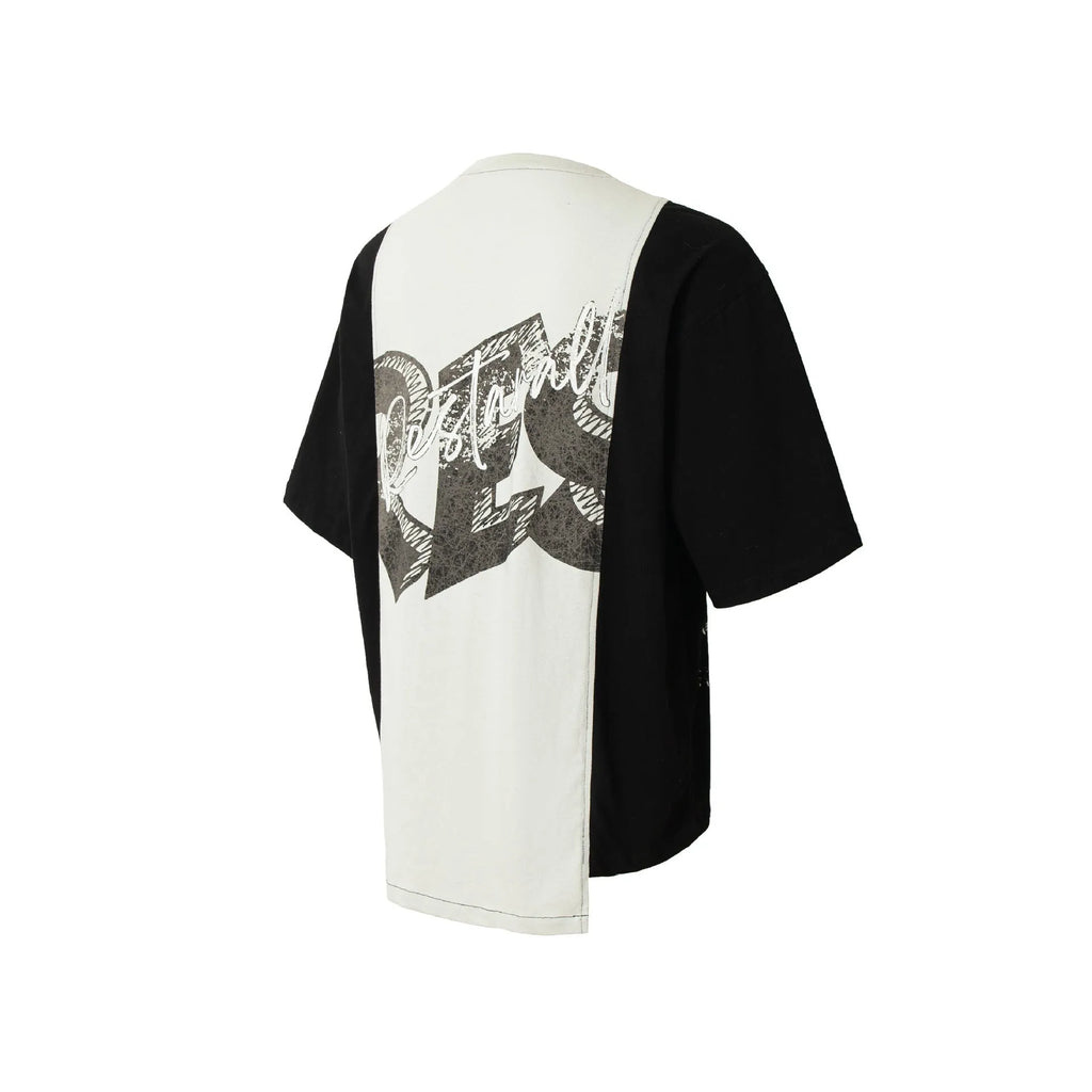 Black and white deconstruction print cotton blend T-shirt with loose fit and short sleeves