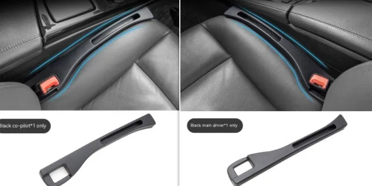 Black plastic car seat gap storage box with handle between vehicle seats