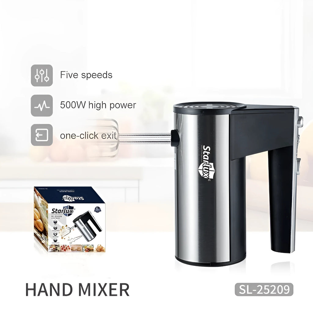 Silver handheld electric mixer with whisk attachment for baking and beating
