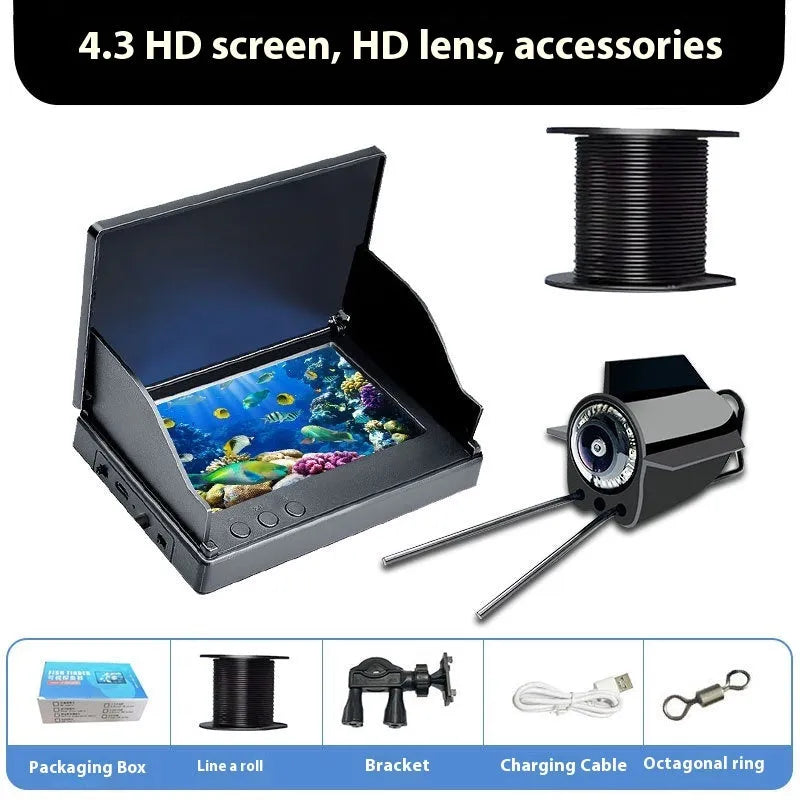 Fish finder underwater camera with 4.3-inch screen showing underwater view, night vision lights, and choice of cable lengths.